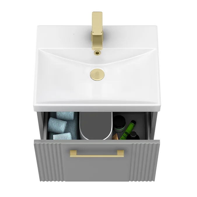 Roxbury Deco Fluted 500mm Grey Vanity Unit - Wall Hung 1-Drawer Unit with Brushed Brass Handle - Image 2