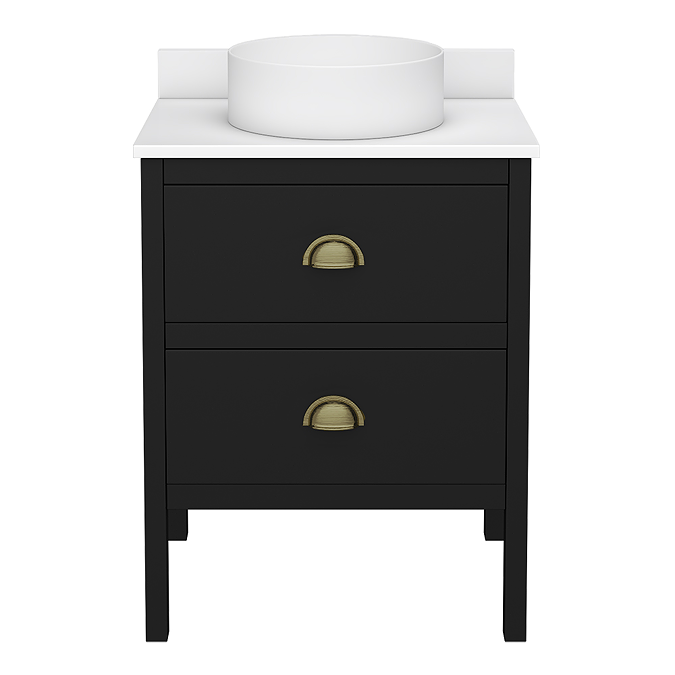 Alchemy 610mm Matt Black Vanity Unit with White Granite Worktop, Antique Brass Handles & Round Countertop Basin - Image 4