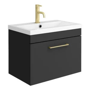Arezzo 600 Matt Black Wall Hung 1-Drawer Vanity Unit with Brushed Brass Handle