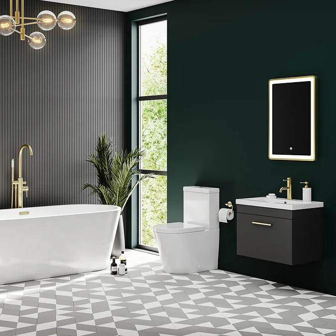 Arezzo 600 Matt Black Wall Hung 1-Drawer Vanity Unit with Brushed Brass Handle - Image 2