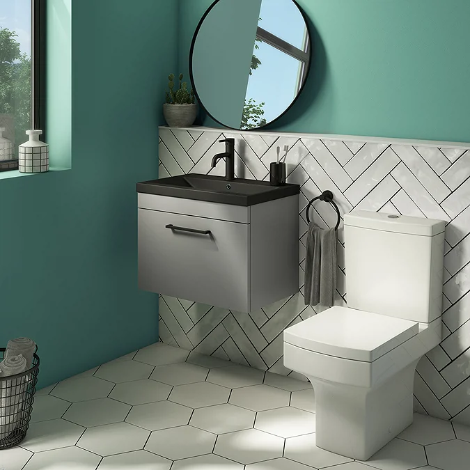 Arezzo 600 Matt Grey Wall Hung Vanity Unit with Matt Black Basin + Black Handle - Image 4