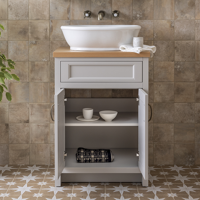 Chatsworth 610mm Traditional Grey Countertop Vanity with Beech Worktop & Antique Brass Handles - Image 3