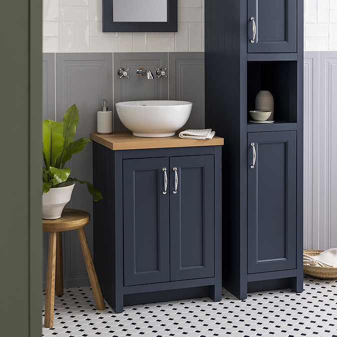 Chatsworth 545mm Blue Countertop Vanity with Worktop, Round Basin & Chrome Handles - Image 2
