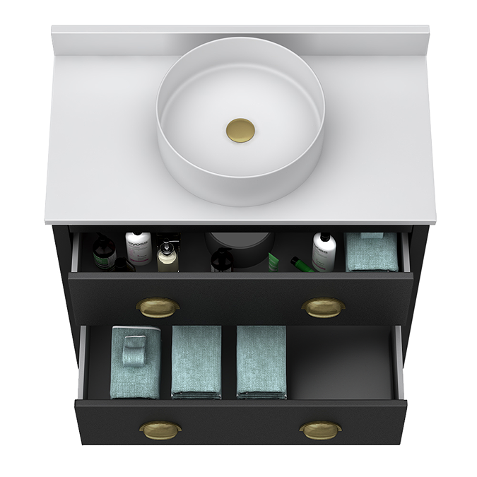 Alchemy 810mm Matt Black Vanity Unit with White Granite Worktop, Antique Brass Handles & Round Countertop Basin - Image 5