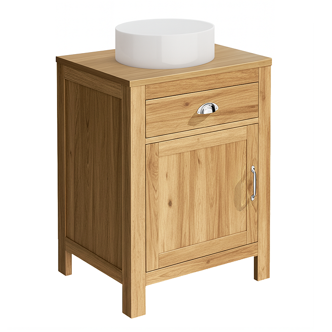 Trafalgar 600mm Solid Oak Vanity Unit with Chrome Handles & Gloss White Round Basin