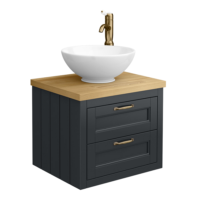 Chatsworth 545mm Graphite Wall Hung Countertop Vanity with Worktop, Round Basin & Antique Brass Handles