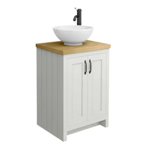 Chatsworth 545 Grey Countertop Vanity with Worktop, Round Basin & Matt Black Handles