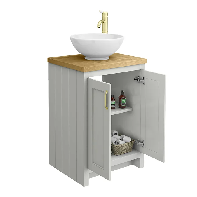 Chatsworth 545mm Grey Countertop Vanity with Worktop, Round Basin & Brushed Brass Handles - Image 3
