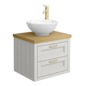 Chatsworth 545mm Grey Wall Hung Countertop Vanity with Worktop, Round Basin & Brushed Brass Handles