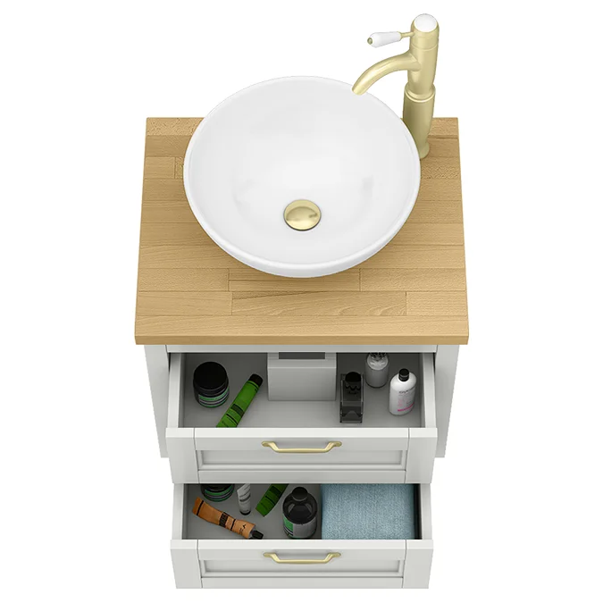 Chatsworth 545mm Grey Wall Hung Countertop Vanity with Worktop, Round Basin & Brushed Brass Handles - Image 2