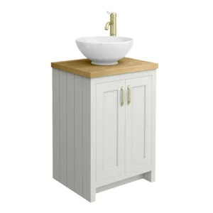 Chatsworth 545mm Grey Countertop Vanity with Worktop, Round Basin & Brushed Brass Handles