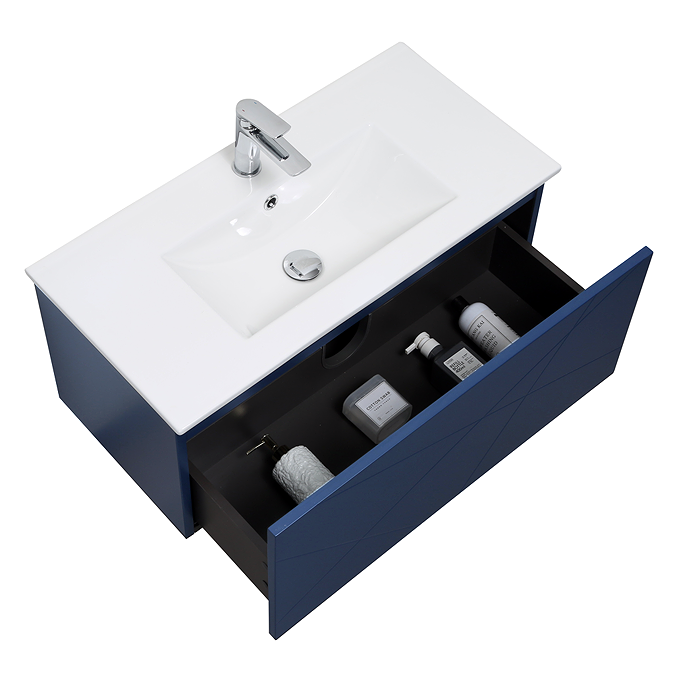 Voyage Wall Hung Vanity - 800mm Indigo Blue with Chrome Handle - Image 2