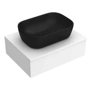 Arezzo Floating Basin Shelf with Drawer - Matt White - 600mm incl. Black Curved Rectangular Basin