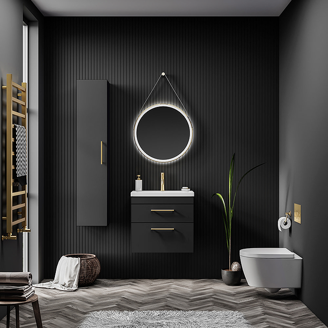 Arezzo 600 Matt Black Wall Hung 2-Drawers Vanity Unit with Brushed Brass Handles - Image 4