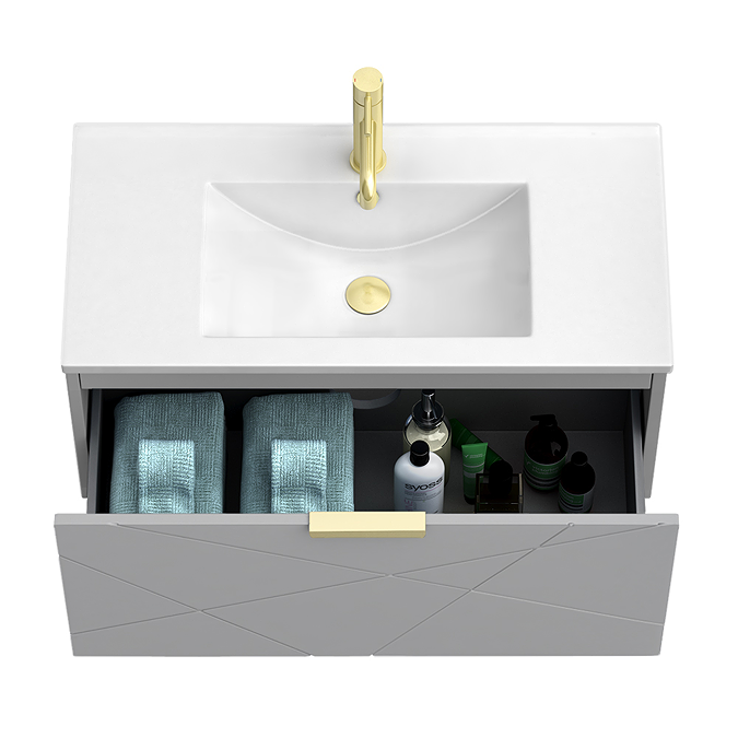 Voyage Wall Hung Vanity - 800mm Cool Grey with Brushed Brass Handle - Image 2