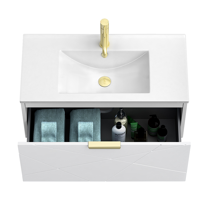 Voyage Wall Hung Vanity - 800mm Arctic White with Brushed Brass Handle - Image 2