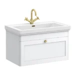 Roxbury Traditional 800mm Satin White Vanity Unit - Wall Hung Single Drawer Unit with Brushed Brass Handle 1 Tap Hole