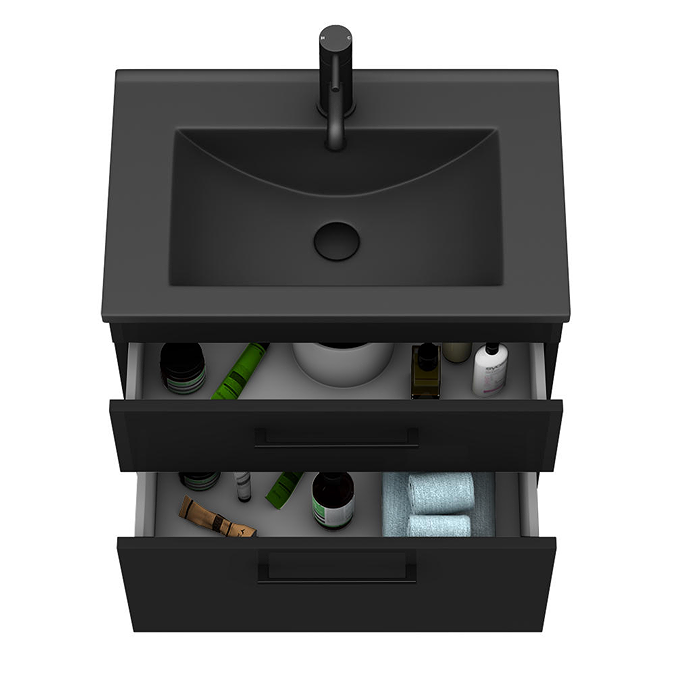 Arezzo 600 Matt Black Wall Hung 2-Drawer Vanity Unit with Matt Black Slimline Basin + Handles - Image 3