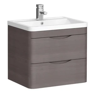 Monza 600mm Wall Hung 2 Drawer Vanity Unit (Stone Grey Woodgrain - Depth 450mm)