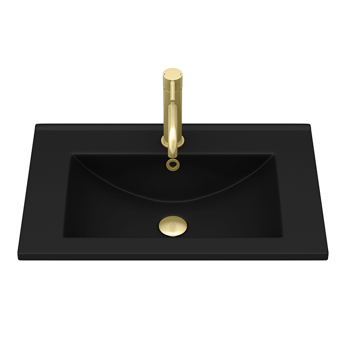 Arezzo 600 Matt Black Wall Hung 2-Drawer Vanity Unit with Matt Black Slimline Basin + Brushed Brass Handles - Image 4