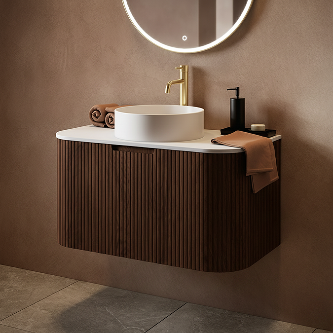 Arezzo 900mm Slatted Walnut Wall Mounted Curved Vanity Unit with Matt White Countertop - Image 2