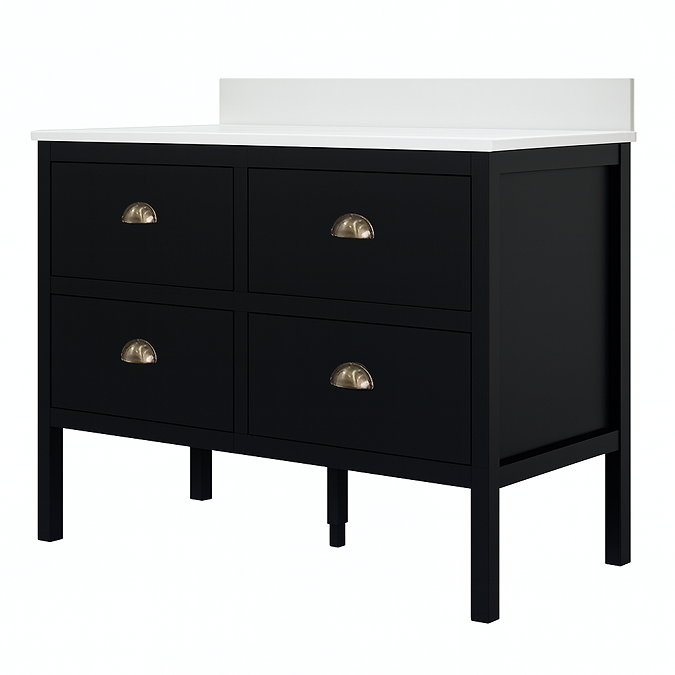 Alchemy 1210mm Floor Standing Vanity Unit - Matt Black with White Granite Worktop & Antique Brass Handles - Image 6