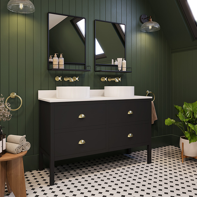 Alchemy 1210mm Floor Standing Vanity Unit - Matt Black with White Granite Worktop & Antique Brass Handles - Image 7