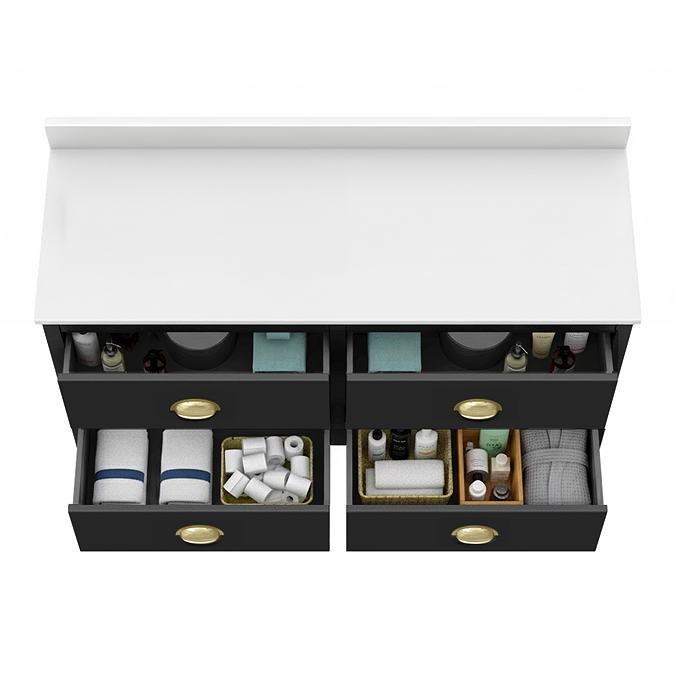 Alchemy 1210mm Floor Standing Vanity Unit - Matt Black with White Granite Worktop & Brushed Brass Handles - Image 2