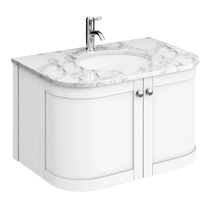 Period Bathroom Co. 820mm Curved Wall Hung Vanity with White Marble Basin Top - White