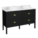 Alchemy 1210mm Matt Black Vanity Unit with White Granite Worktop, Antique Brass Handles & 2 Round Basins