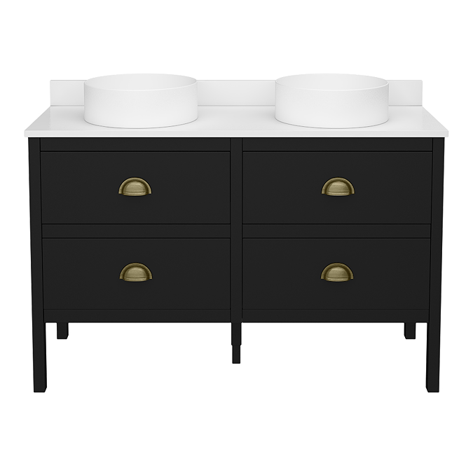 Alchemy 1210mm Matt Black Vanity Unit with White Granite Worktop, Antique Brass Handles & 2 Round Basins - Image 3