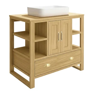 Trafalgar 900mm Solid Oak Vanity Unit with Brushed Brass Handles & Gloss White Rectangular Basin