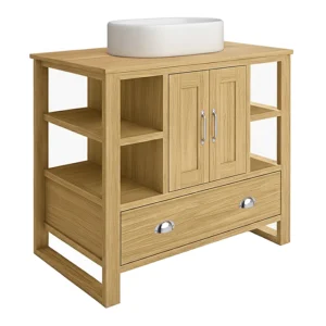 Trafalgar 900mm Solid Oak Vanity Unit with Chrome Handles & Gloss White Semi-Oval Basin