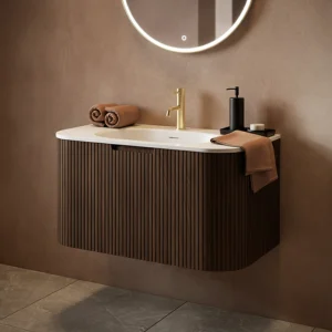 Arezzo 900mm Slatted Walnut Wall Mounted Curved Vanity Unit with Matt White Basin