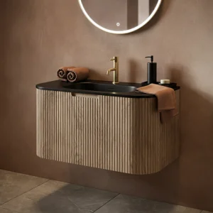 Arezzo 900mm Slatted Light Oak Wall Mounted Curved Vanity Unit with Matt Black Basin