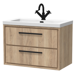 Arezzo Moda 800mm Rustic Oak Wall Hung 2 Drawer Vanity Unit with Matt Black Handles