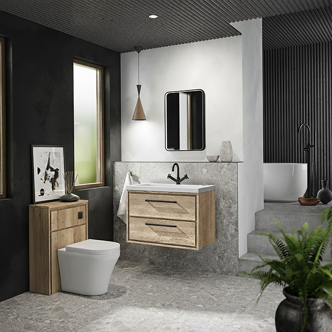 Arezzo Moda 800mm Rustic Oak Wall Hung 2 Drawer Vanity Unit with Matt Black Handles - Image 2