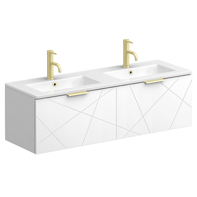 Voyage Wall Hung Double Basin Vanity - 1200mm Arctic White with Brushed Brass Handles
