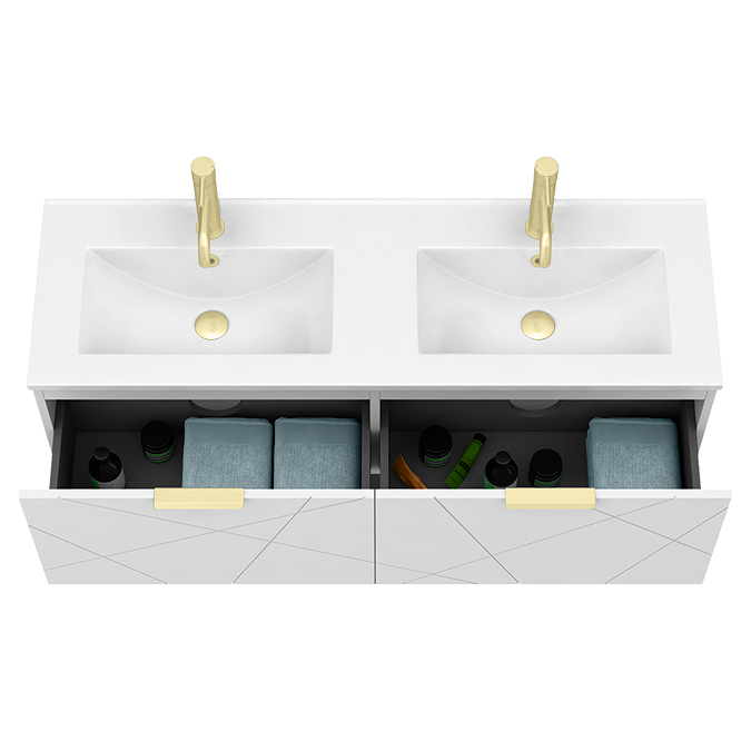 Voyage Wall Hung Double Basin Vanity - 1200mm Arctic White with Brushed Brass Handles - Image 2