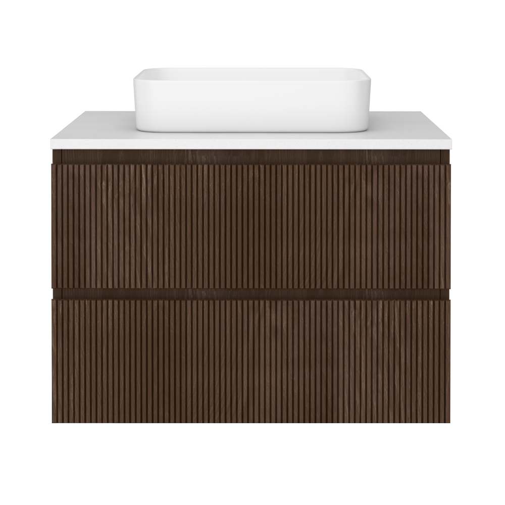 Osaka Slatted Dark Oak 800mm Wall Hung 2-Drawer Countertop Vanity Unit with White Stone Worktop and Rectangular Basin - Image 2
