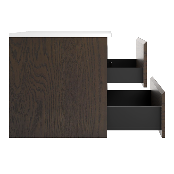 Osaka Slatted Dark Oak 800mm Wall Hung 2-Drawer Countertop Vanity Unit with White Stone Worktop and Rectangular Basin - Image 3
