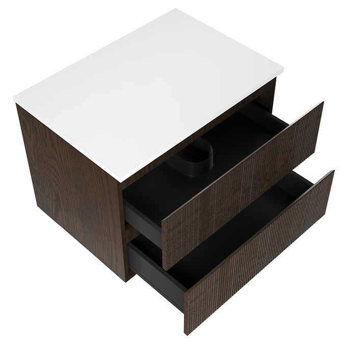 Osaka Slatted Dark Oak 800mm Wall Hung 2-Drawer Countertop Vanity Unit with White Stone Worktop and Rectangular Basin - Image 4