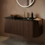 Arezzo 1200mm Slatted Walnut Wall Mounted Curved Vanity Unit with Matt Black Basin
