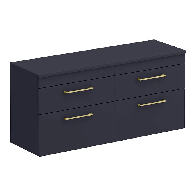 Arezzo Matt Blue Wall Hung 4 Drawer Double Countertop Vanity Unit (1200mm w. Brushed Brass Handles)