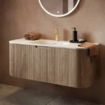 Arezzo 1200mm Slatted Light Oak Wall Mounted Curved Vanity Unit with Matt White Basin