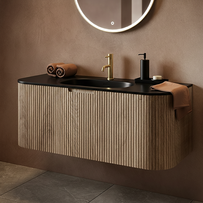 Arezzo 1200mm Slatted Light Oak Wall Mounted Curved Vanity Unit with Matt Black Basin