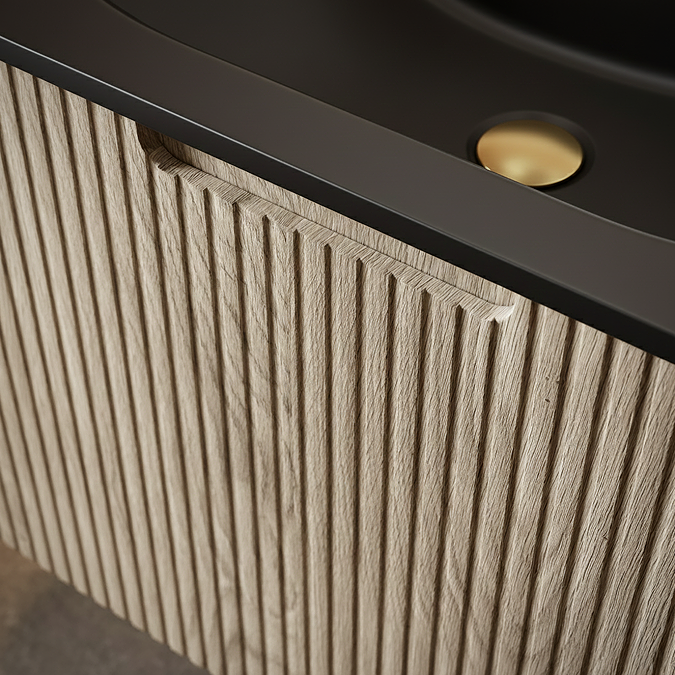 Arezzo 1200mm Slatted Light Oak Wall Mounted Curved Vanity Unit with Matt Black Basin - Image 2