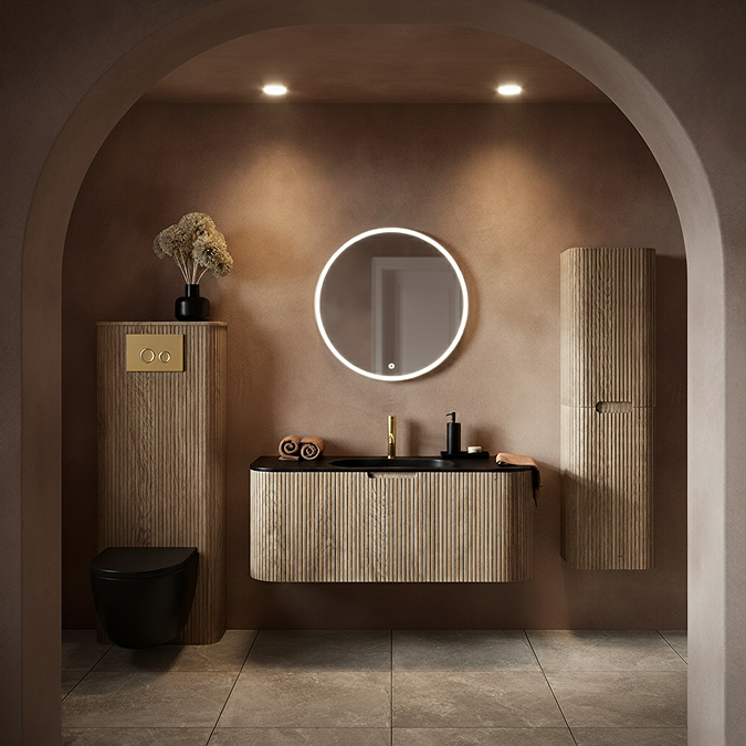 Arezzo 1200mm Slatted Light Oak Wall Mounted Curved Vanity Unit with Matt Black Basin - Image 3