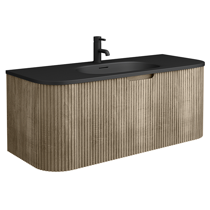 Arezzo 1200mm Slatted Light Oak Wall Mounted Curved Vanity Unit with Matt Black Basin - Image 4