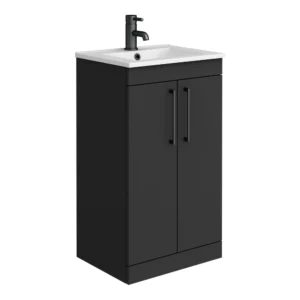 Arezzo 500 Matt Black Floor Standing Vanity Unit with White Slimline Basin + Matt Black Handles